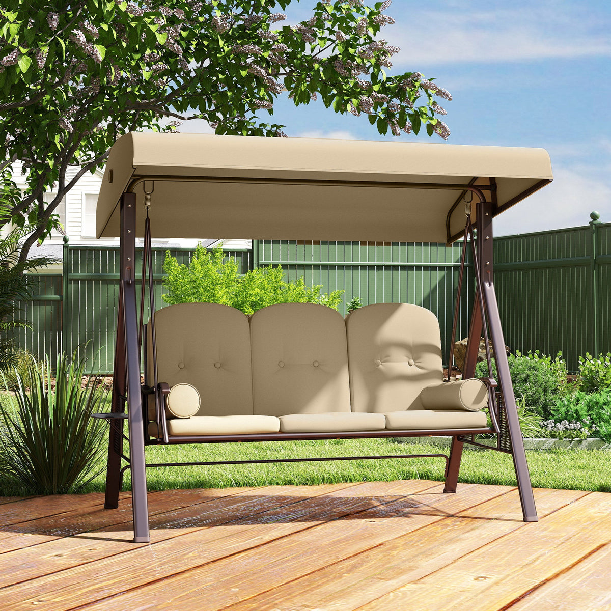 3 Seater Canopy Swing Chair with Cushions & Cup Trays, Brown — product view 4