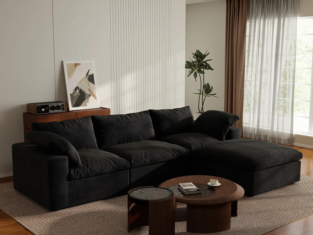 Deluxe Cloud 3-Seater Black Storage L-Shaped Sectional | 4-Piece (includes 1 Ottoman), Cotton and Linen Fabric, Washable Covers — product view 3