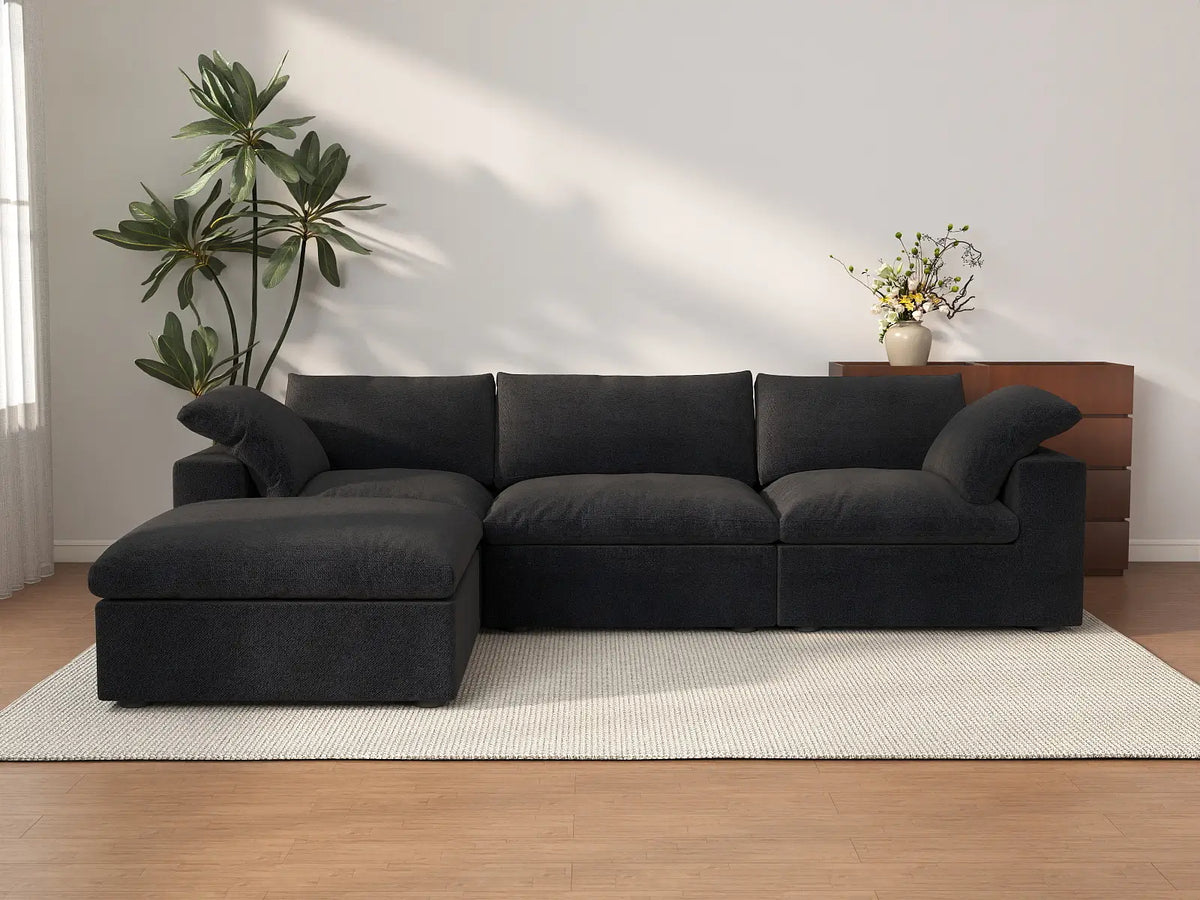 Deluxe Cloud 3-Seater Black Storage L-Shaped Sectional | 4-Piece (includes 1 Ottoman), Cotton and Linen Fabric, Washable Covers — product view 1
