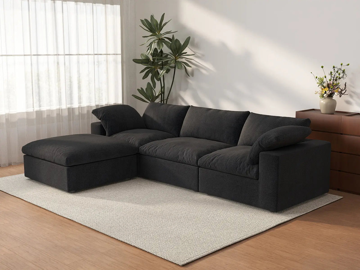 Deluxe Cloud 3-Seater Black Storage L-Shaped Sectional | 4-Piece (includes 1 Ottoman), Cotton and Linen Fabric, Washable Covers — product view 2