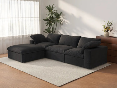 Deluxe Cloud 3-Seater Black Storage L-Shaped Sectional | 4-Piece (includes 1 Ottoman), Cotton and Linen Fabric, Washable Covers