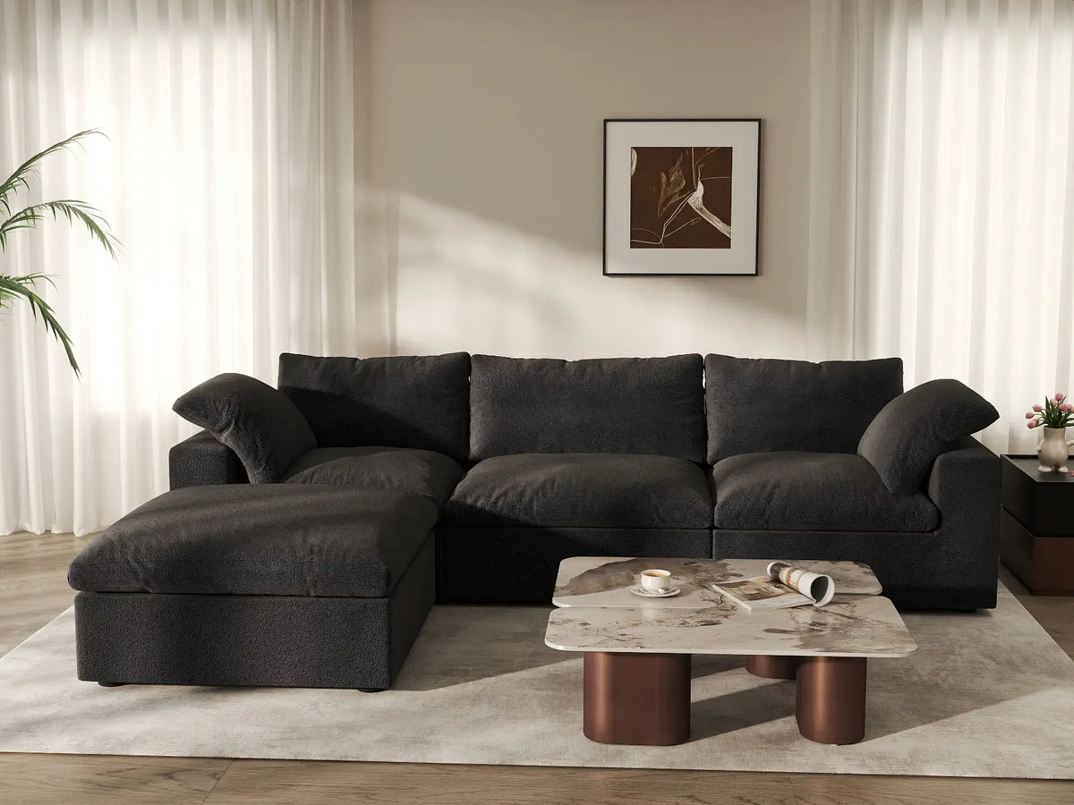 Deluxe Cloud 3-Seater Black Storage L-Shaped Sectional | 4-Piece (includes 1 Ottoman), Cotton and Linen Fabric, Washable Covers — product view 4