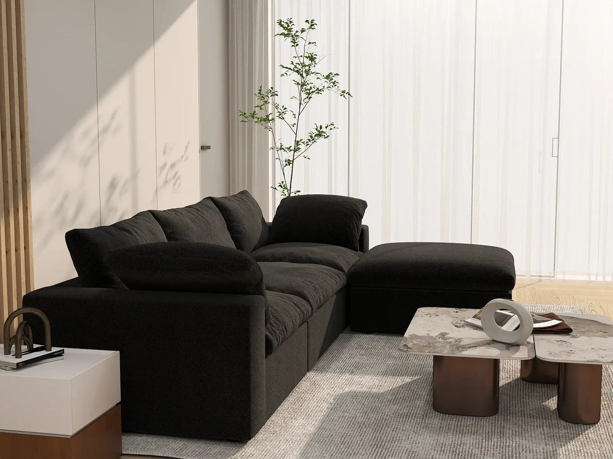 Deluxe Cloud 3-Seater Black Storage L-Shaped Sectional | 4-Piece (includes 1 Ottoman), Cotton and Linen Fabric, Washable Covers — product view 5