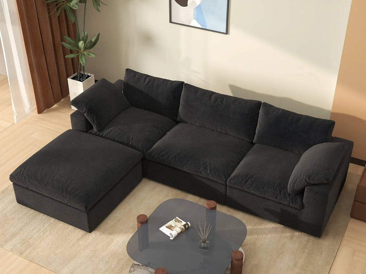 Deluxe Cloud 3-Seater Black Storage L-Shaped Sectional | 4-Piece (includes 1 Ottoman), Cotton and Linen Fabric, Washable Covers — product view 6