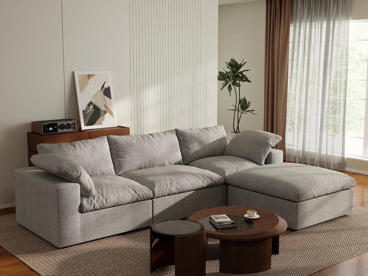 Deluxe Cloud 3-Seater Light-Grey Storage L-Shaped Sectional | 4-Piece (includes 1 Ottoman), Cotton and Linen Fabric, Washable Covers — product view 3