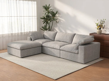 Deluxe Cloud 3-Seater Light-Grey Storage L-Shaped Sectional | 4-Piece (includes 1 Ottoman), Cotton and Linen Fabric, Washable Covers