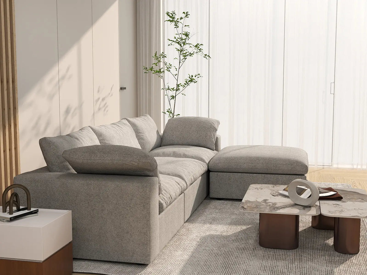 Deluxe Cloud 3-Seater Light-Grey Storage L-Shaped Sectional | 4-Piece (includes 1 Ottoman), Cotton and Linen Fabric, Washable Covers — product view 5