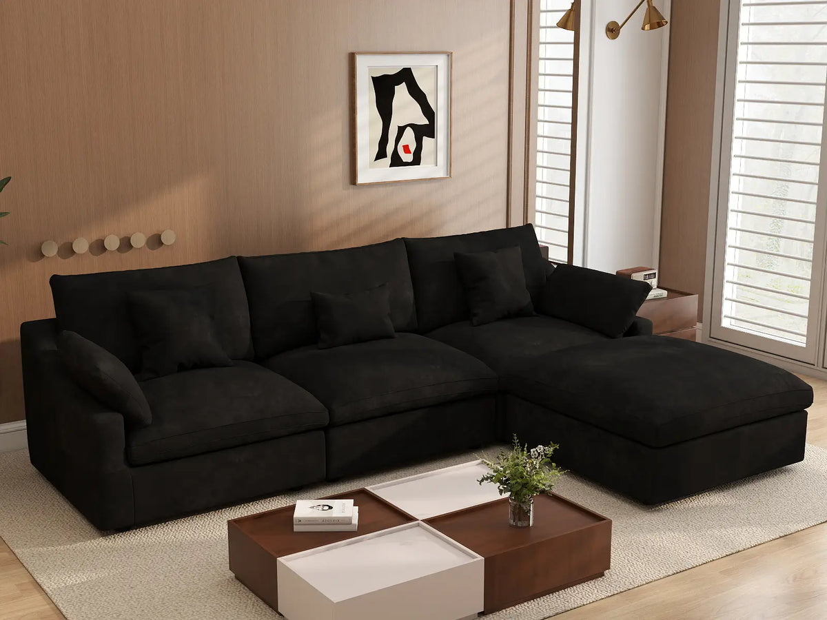 Deluxe Cloud 3-Seater Black Washable L-Shaped Sectional | 4-Piece (includes 1 Ottoman), Chenille and Linen Fabric, Modular Design — product view 3
