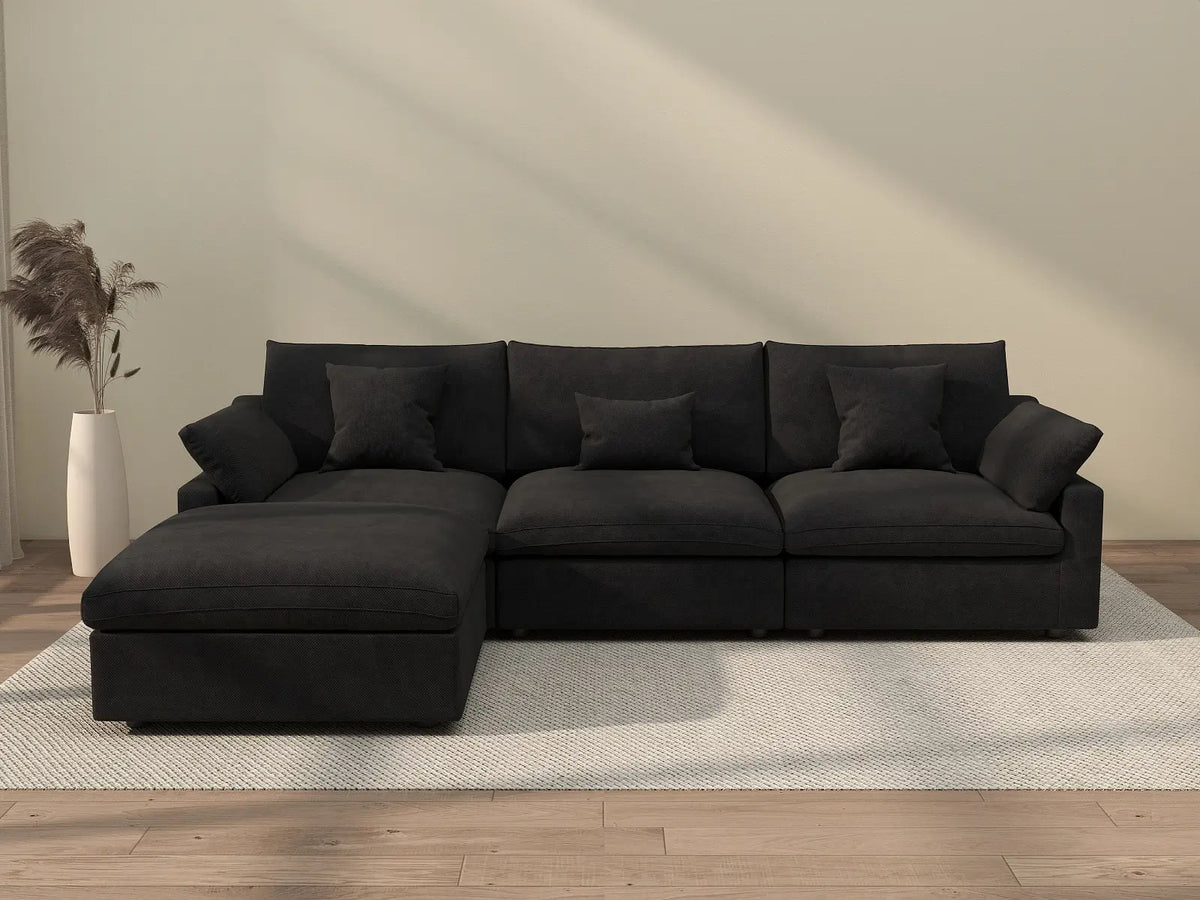 Deluxe Cloud 3-Seater Black Washable L-Shaped Sectional | 4-Piece (includes 1 Ottoman), Chenille and Linen Fabric, Modular Design — product view 1
