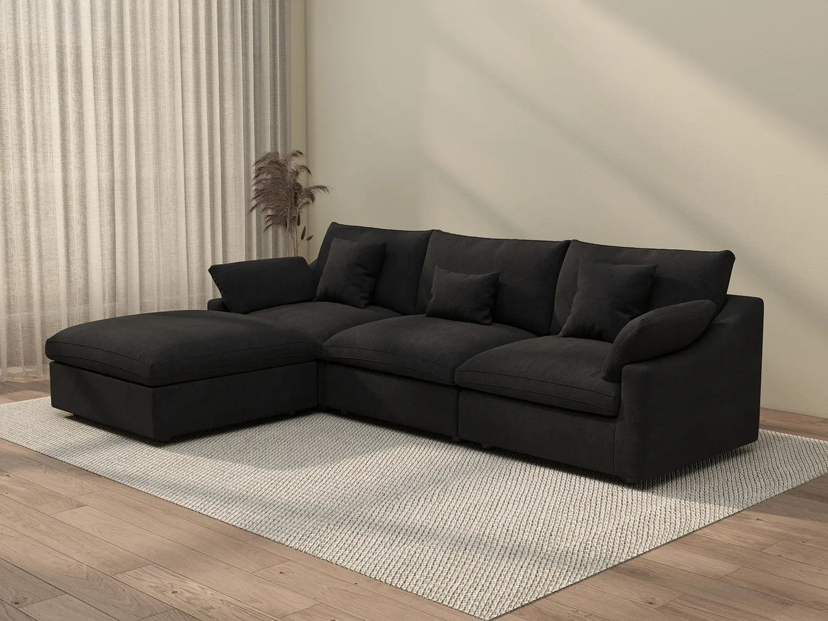 Deluxe Cloud 3-Seater Black Washable L-Shaped Sectional | 4-Piece (includes 1 Ottoman), Chenille and Linen Fabric, Modular Design — product view 2