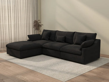 Deluxe Cloud 3-Seater Black Washable L-Shaped Sectional | 4-Piece (includes 1 Ottoman), Chenille and Linen Fabric, Modular Design