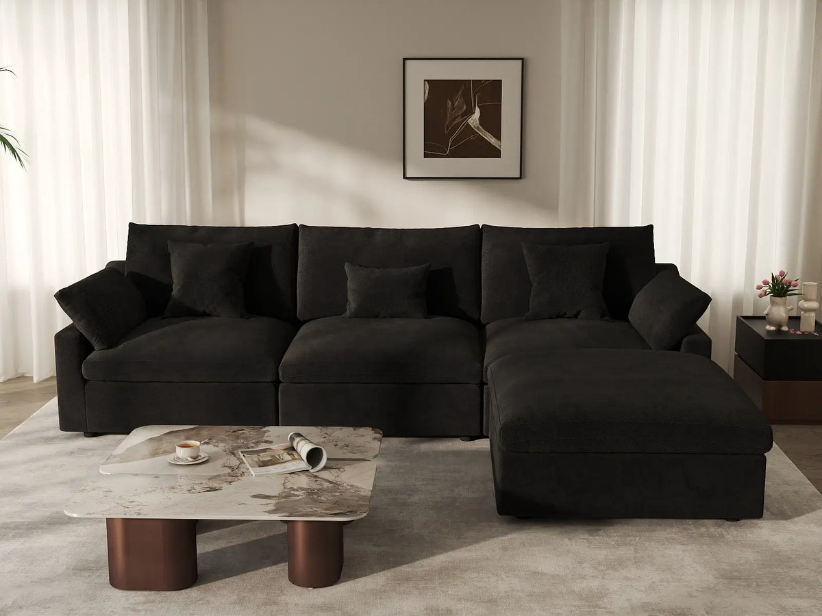Deluxe Cloud 3-Seater Black Washable L-Shaped Sectional | 4-Piece (includes 1 Ottoman), Chenille and Linen Fabric, Modular Design — product view 4