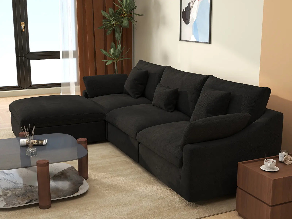 Deluxe Cloud 3-Seater Black Washable L-Shaped Sectional | 4-Piece (includes 1 Ottoman), Chenille and Linen Fabric, Modular Design — product view 5