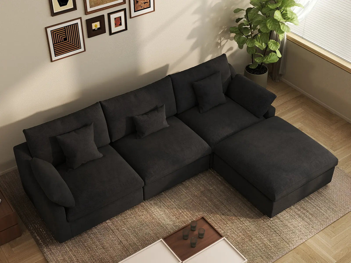 Deluxe Cloud 3-Seater Black Washable L-Shaped Sectional | 4-Piece (includes 1 Ottoman), Chenille and Linen Fabric, Modular Design — product view 6