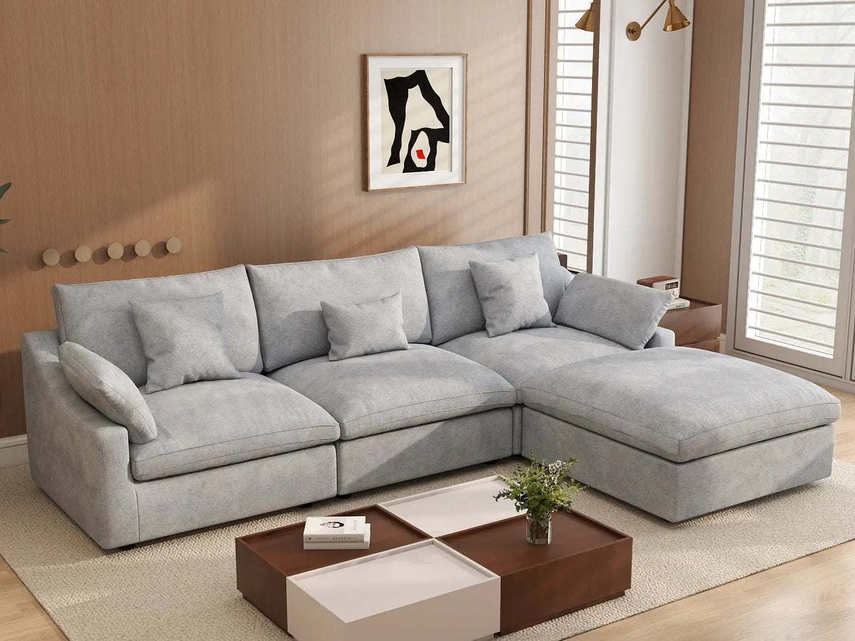 Deluxe Cloud 3-Seater Light-Grey Washable L-Shaped Sectional | 4-Piece (includes 1 Ottoman), Chenille and Linen Fabric, Modular Design — product view 3