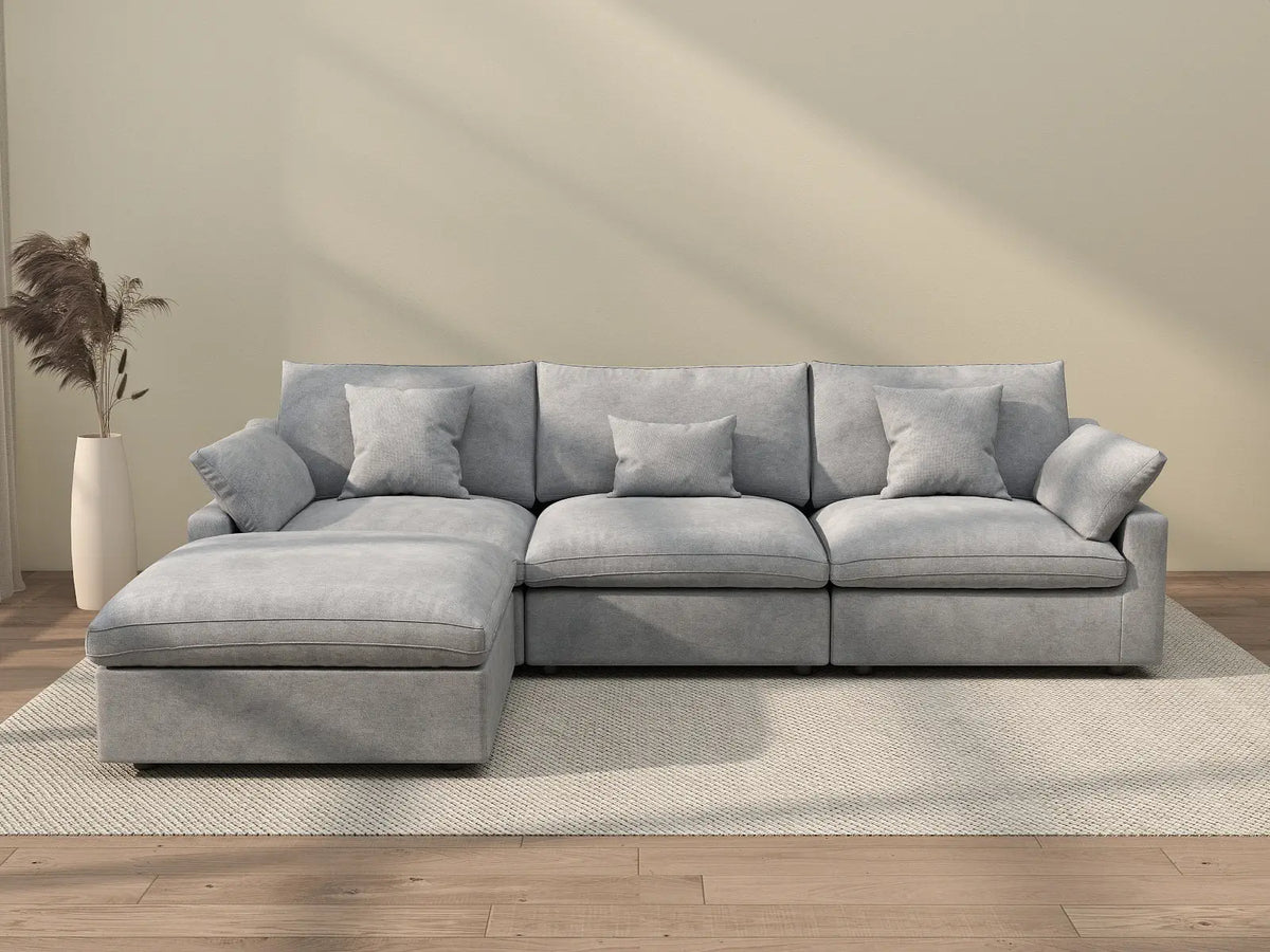 Deluxe Cloud 3-Seater Light-Grey Washable L-Shaped Sectional | 4-Piece (includes 1 Ottoman), Chenille and Linen Fabric, Modular Design — product view 1