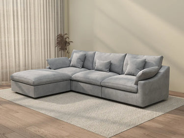 Deluxe Cloud 3-Seater Light-Grey Washable L-Shaped Sectional | 4-Piece (includes 1 Ottoman), Chenille and Linen Fabric, Modular Design