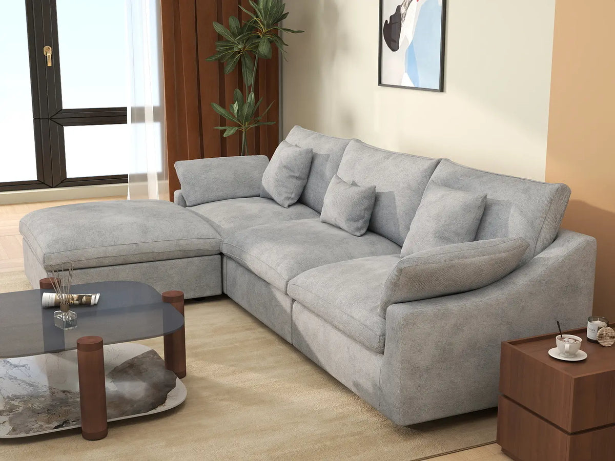 Deluxe Cloud 3-Seater Light-Grey Washable L-Shaped Sectional | 4-Piece (includes 1 Ottoman), Chenille and Linen Fabric, Modular Design — product view 5