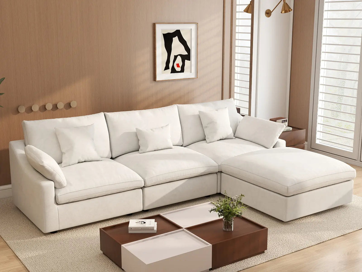 Deluxe Cloud 3-Seater White Washable L-Shaped Sectional | 4-Piece (includes 1 Ottoman), Chenille and Linen Fabric, Modular Design — product view 3