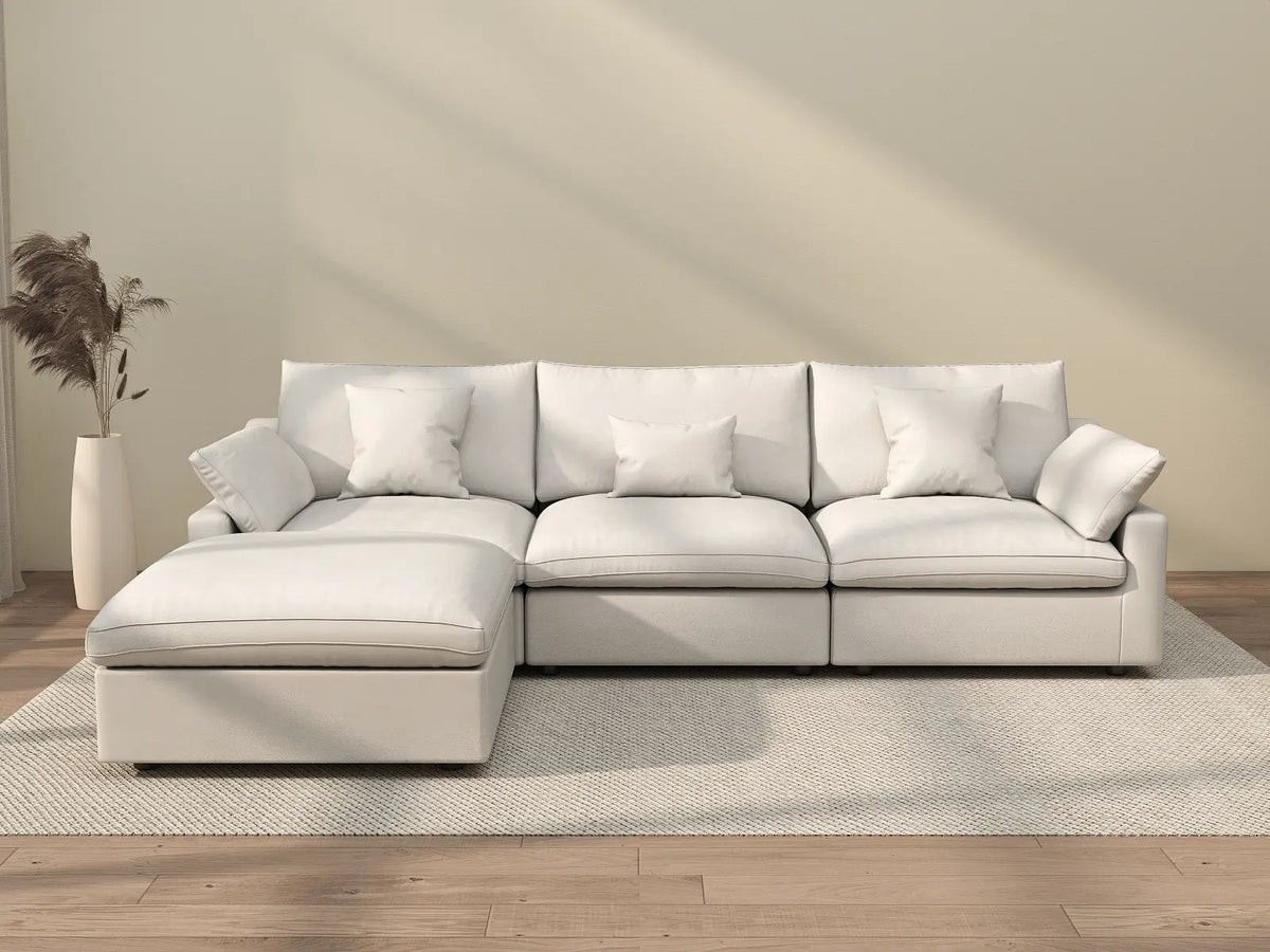 Deluxe Cloud 3-Seater White Washable L-Shaped Sectional | 4-Piece (includes 1 Ottoman), Chenille and Linen Fabric, Modular Design — product view 1