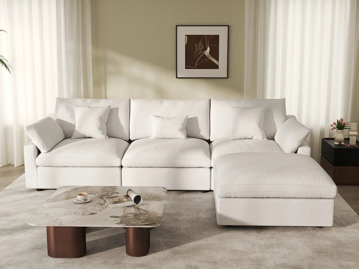 Deluxe Cloud 3-Seater White Washable L-Shaped Sectional | 4-Piece (includes 1 Ottoman), Chenille and Linen Fabric, Modular Design — product view 4