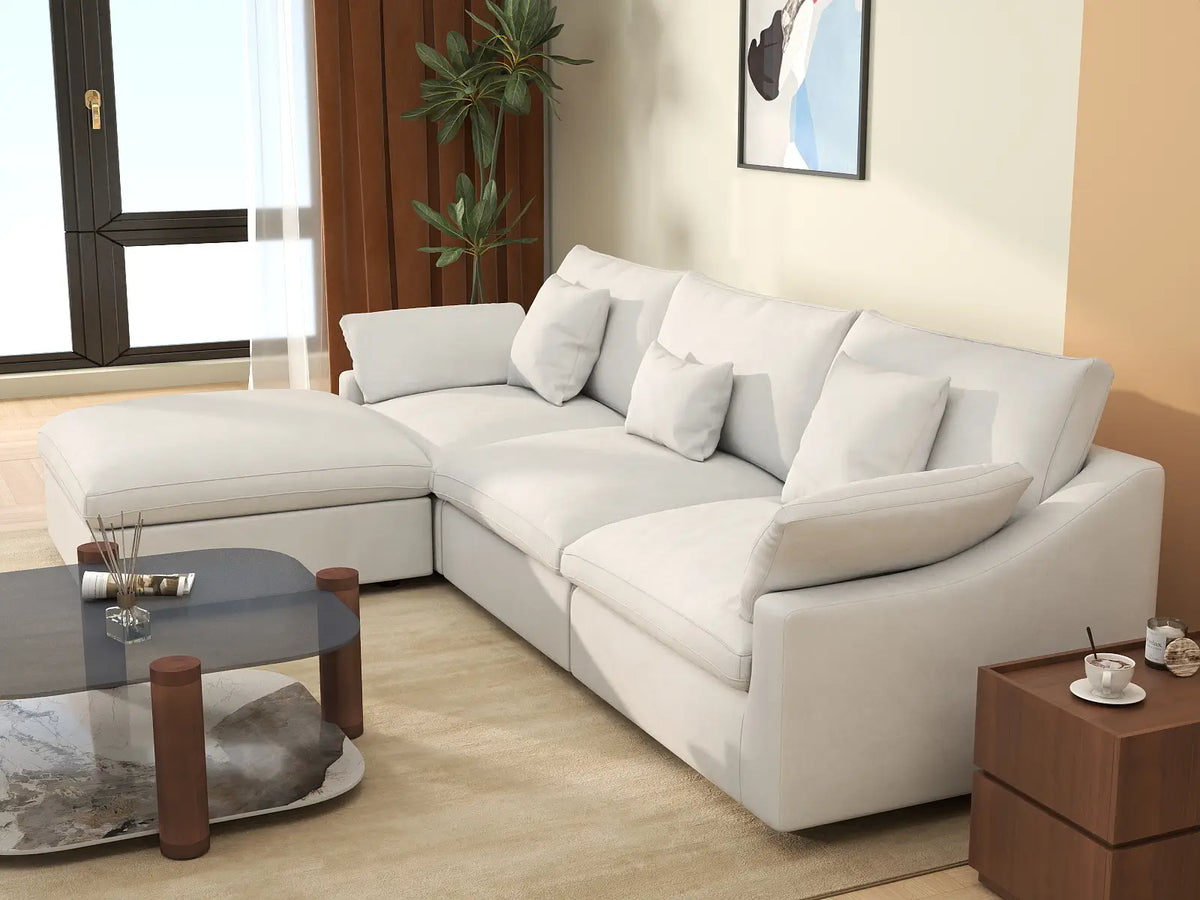 Deluxe Cloud 3-Seater White Washable L-Shaped Sectional | 4-Piece (includes 1 Ottoman), Chenille and Linen Fabric, Modular Design — product view 5
