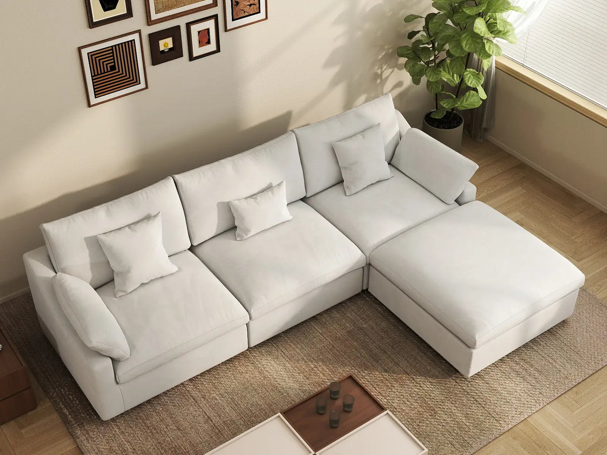 Deluxe Cloud 3-Seater White Washable L-Shaped Sectional | 4-Piece (includes 1 Ottoman), Chenille and Linen Fabric, Modular Design — product view 6