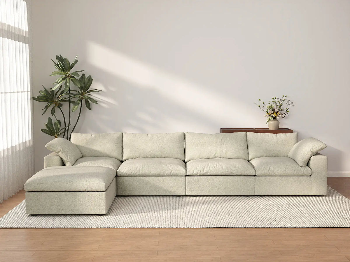 Deluxe Cloud 4-Seater Khaki Storage L-Shaped Sectional | 5-Piece (includes 1 Ottoman), Cotton and Linen Fabric, Washable Covers — product view 1