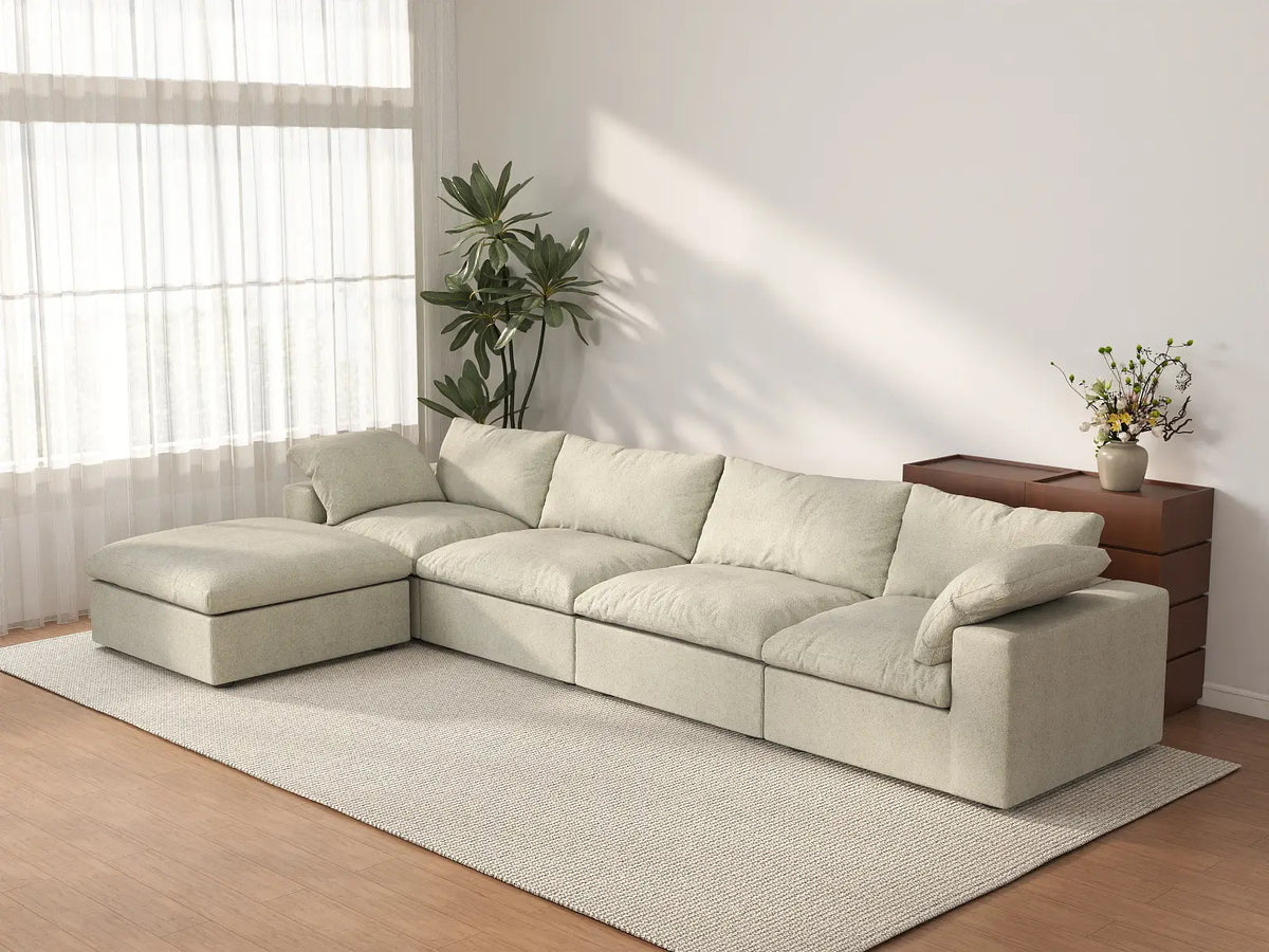 Deluxe Cloud 4-Seater Khaki Storage L-Shaped Sectional | 5-Piece (includes 1 Ottoman), Cotton and Linen Fabric, Washable Covers — product view 2