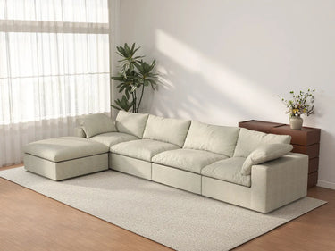Deluxe Cloud 4-Seater Khaki Storage L-Shaped Sectional | 5-Piece (includes 1 Ottoman), Cotton and Linen Fabric, Washable Covers