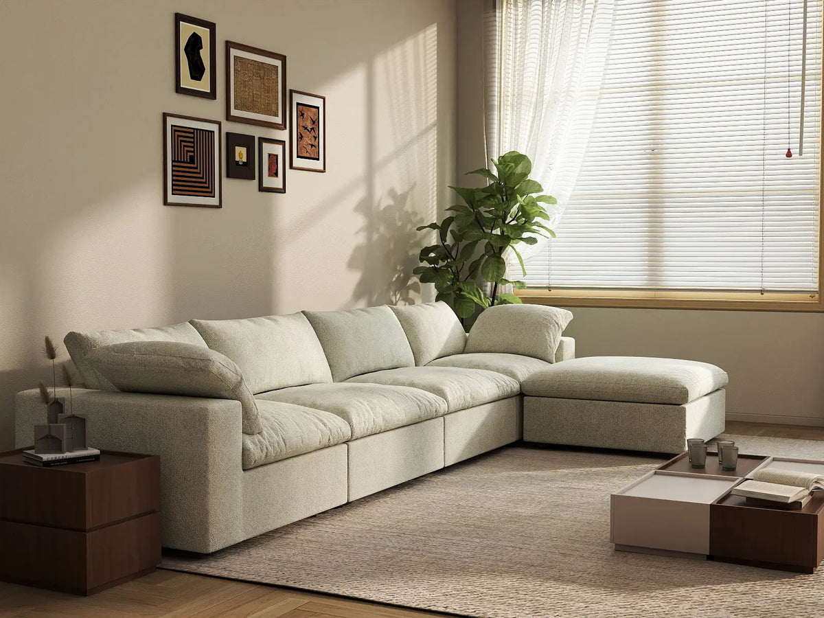 Deluxe Cloud 4-Seater Khaki Storage L-Shaped Sectional | 5-Piece (includes 1 Ottoman), Cotton and Linen Fabric, Washable Covers — product view 5