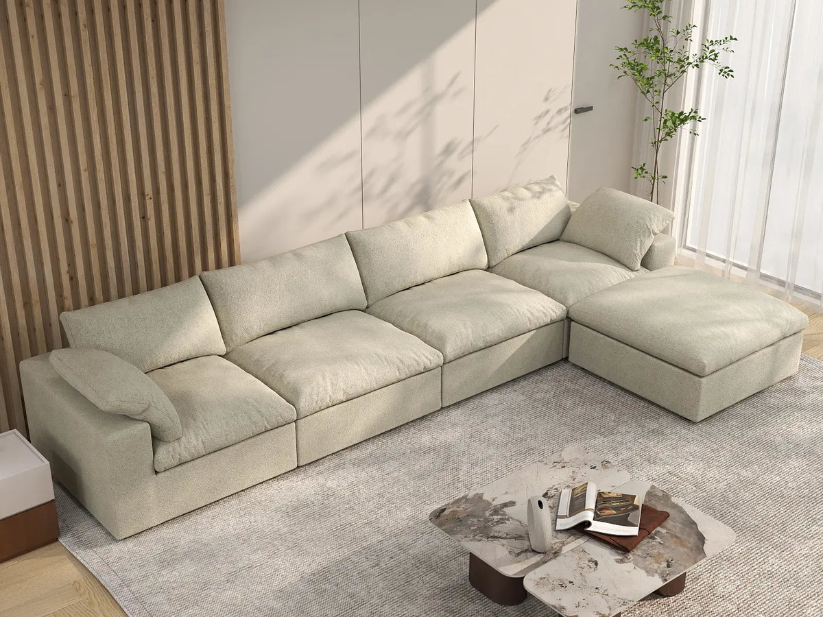 Deluxe Cloud 4-Seater Khaki Storage L-Shaped Sectional | 5-Piece (includes 1 Ottoman), Cotton and Linen Fabric, Washable Covers — product view 6