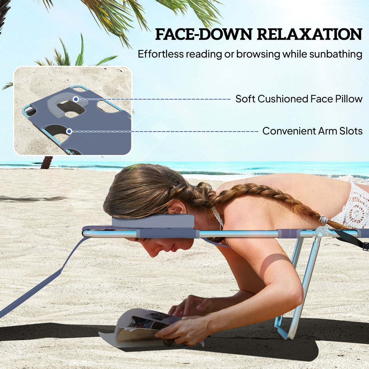 Folding Lounge Chair with Face Hole, Side Pocket and Strap, Grey — product view 7
