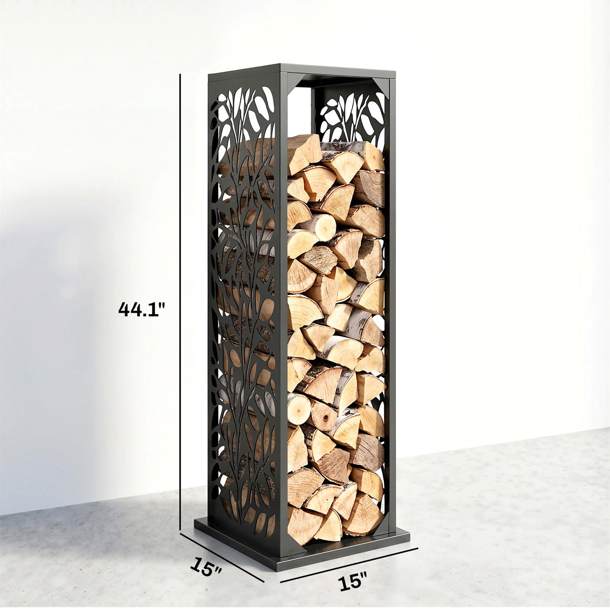 15 Inch Firewood Rack with Heavy-Duty Galvanized Steel Log Holder Featuring 4 Hooks & Adjustable Pads, Black — product view 5