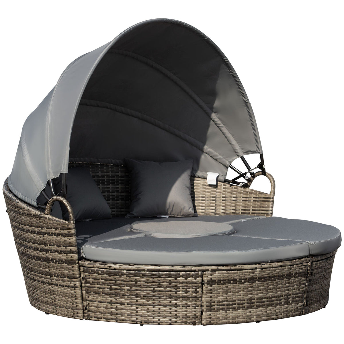 Round PE Rattan Daybed Set with Retractable Canopy, Table & Pillows, Dark Grey/Grey — product view 2