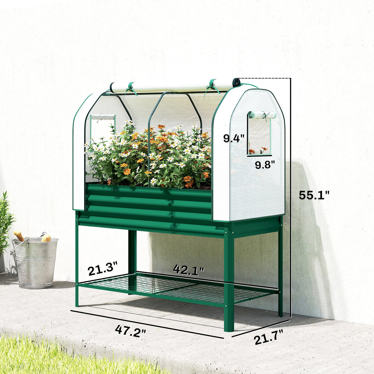 Galvanized Raised Garden Bed with Greenhouse Cover, Green — product view 5