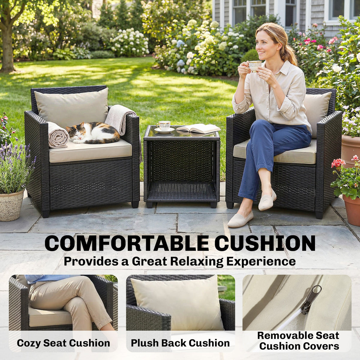 3 Piece Patio Bistro Set with Glass Table and Cushioned Chairs, Beige — product view 7