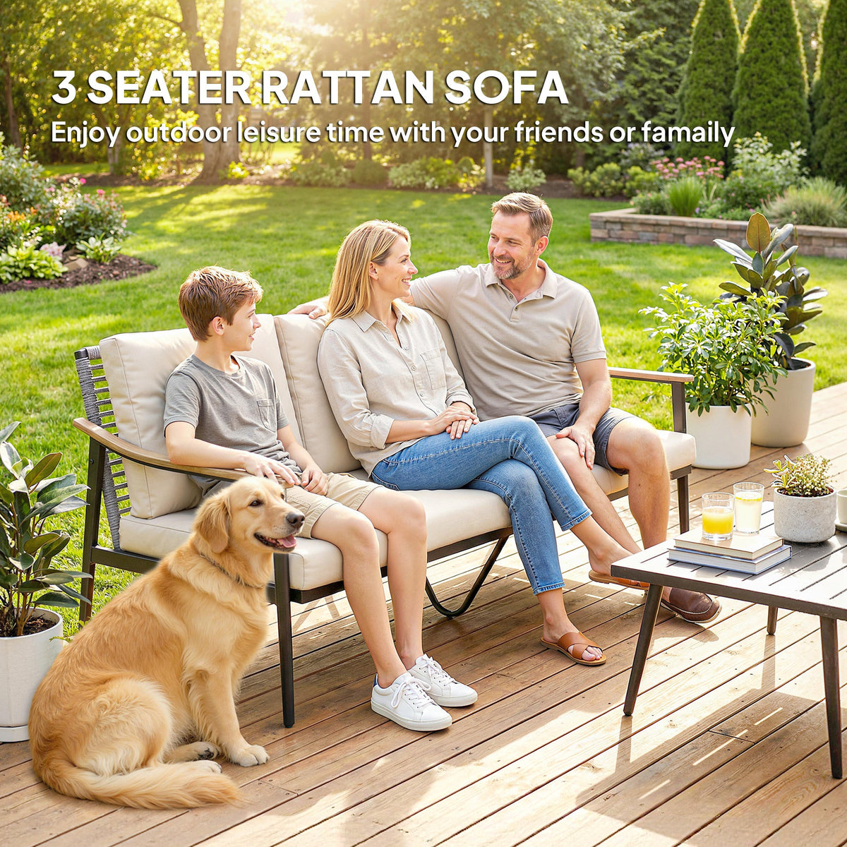3 Seater Rattan Sofa with Wood-Effect Armrests, Khaki — product view 6