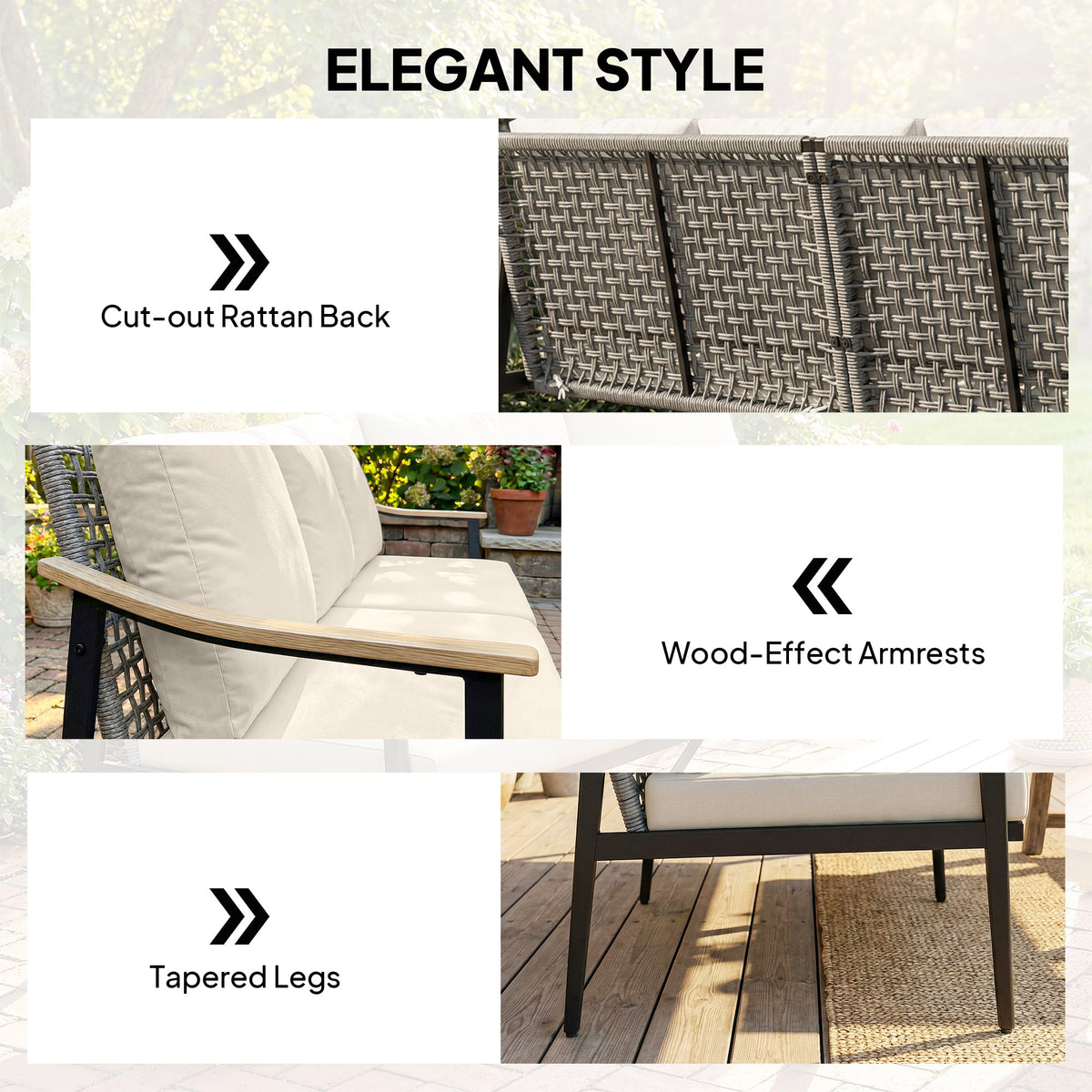 3 Seater Rattan Sofa with Wood-Effect Armrests, Khaki — product view 7