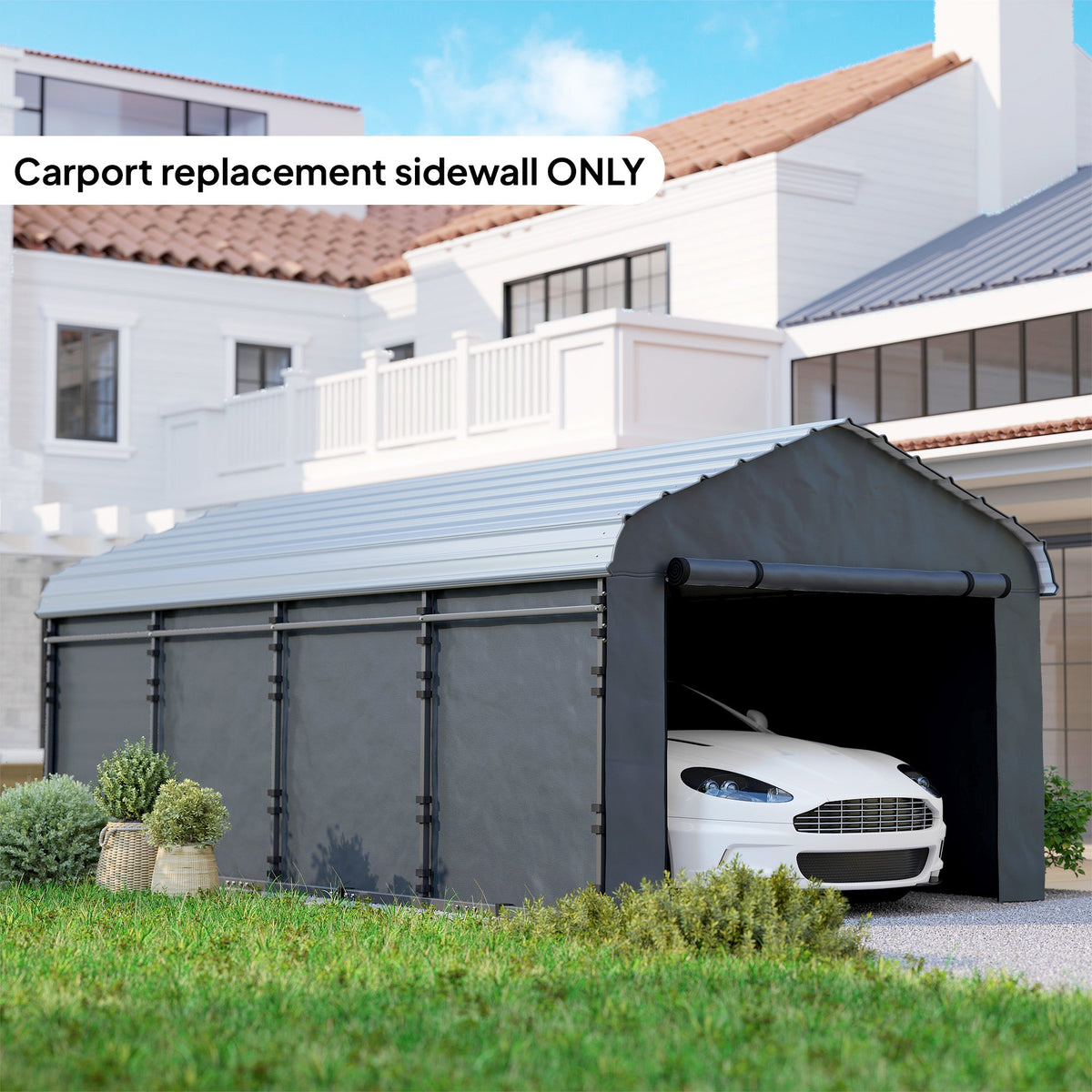 Carport Sidewalls with Roll-Up Door for 10' x 15' Structure, UPF50+ Waterproof PE Tarp, Dark Grey — product view 3