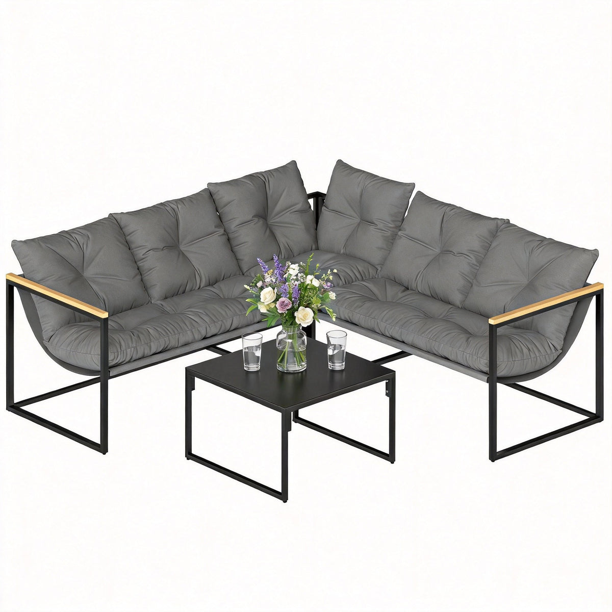 4 Piece Garden Furniture Set with Coffee Table and Thick Cushions, Grey — product view 1