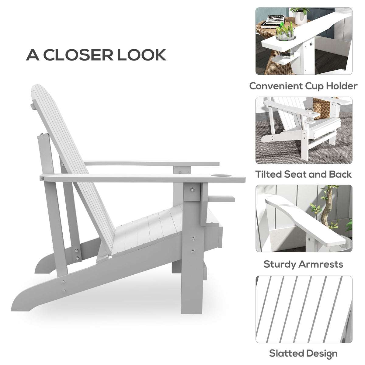 Wooden Adirondack Chair with Cup Holder, White — product view 7