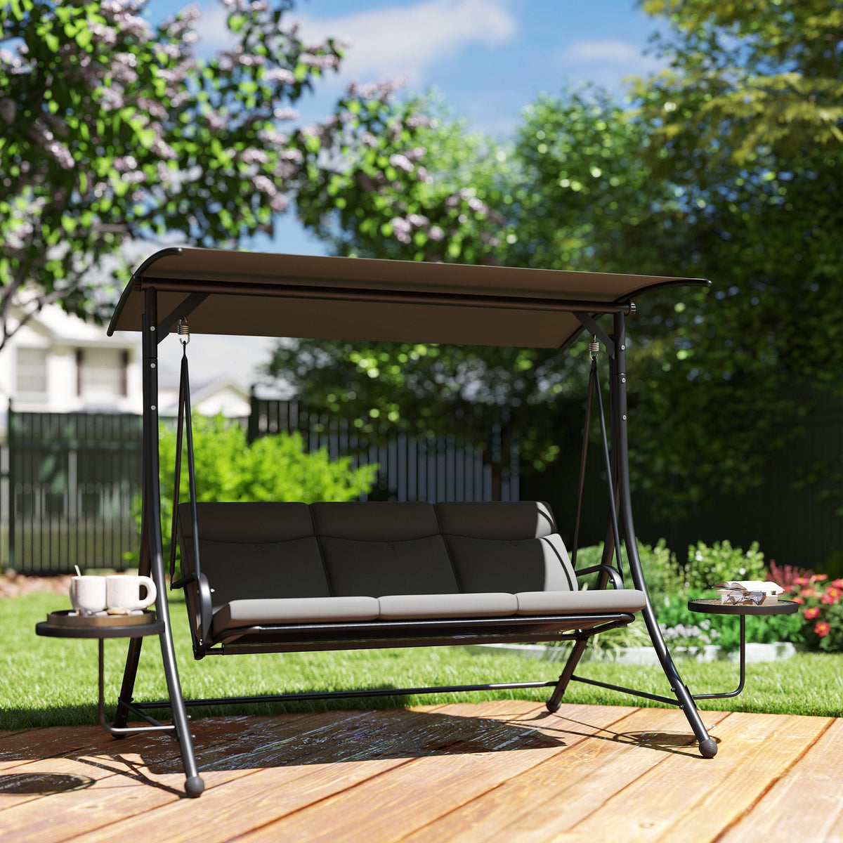 3 Seater Garden Swing Chair with Adjustable Canopy & Side Tables, Dark Grey — product view 4