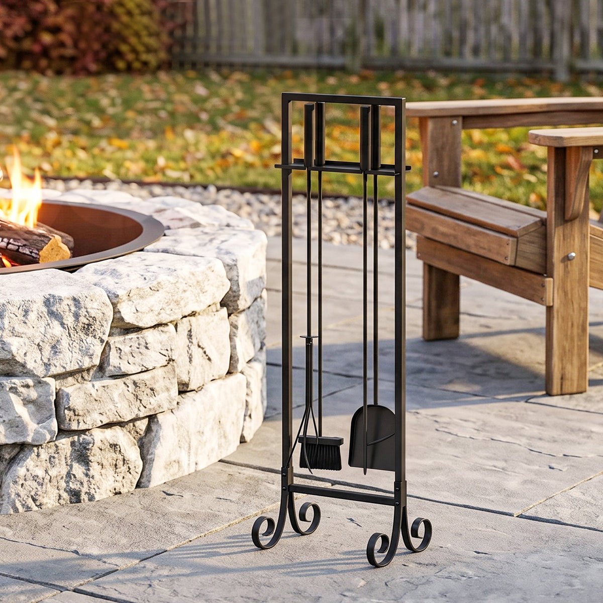 5-Piece Fireplace Tool Set with Brush, Shovel, Poker, Tongs & Stand, Black Metal — product view 4