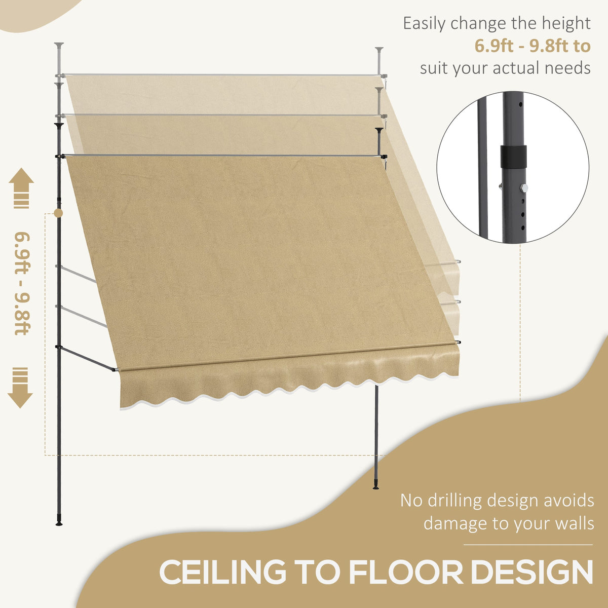118" Manual Retractable Awning with Support Pole, Beige — product view 6