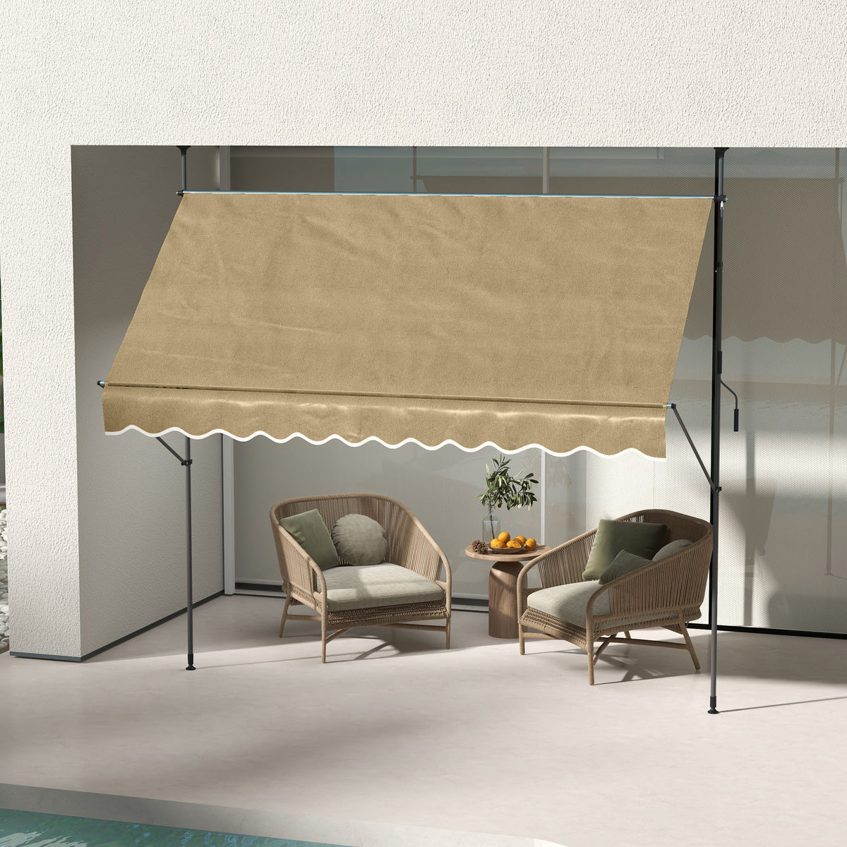118" Manual Retractable Awning with Support Pole, Beige — product view 4