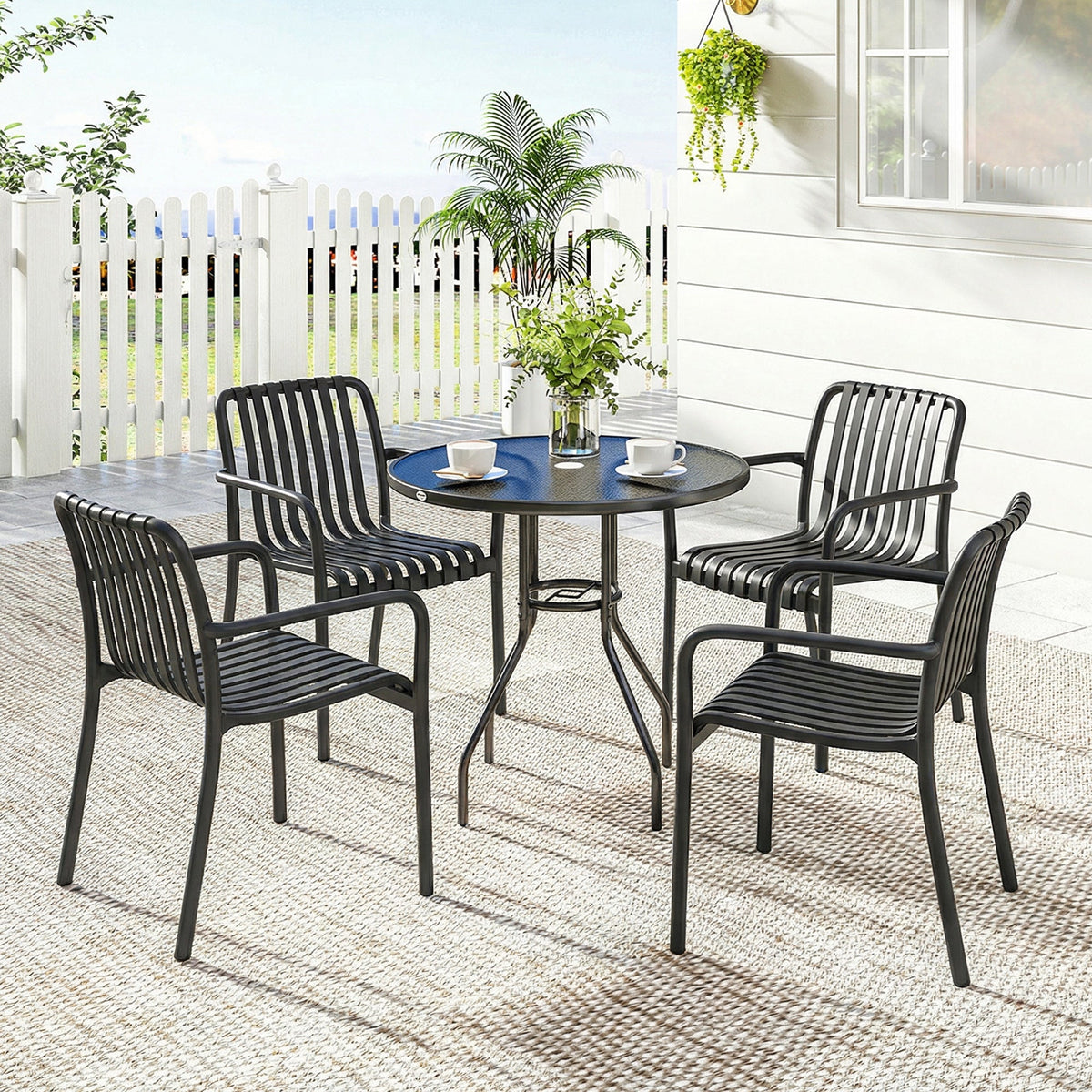 Stackable Patio Dining Chairs 4-Pack, Plastic Curved Back with Armrests, Black — product view 3