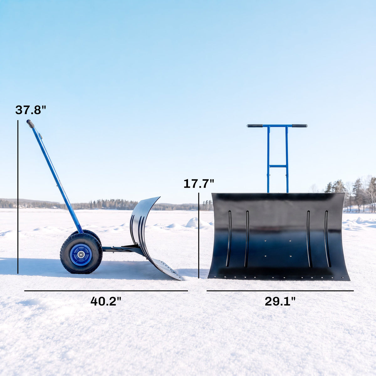 Heavy-Duty Metal Snow Pusher with Wheels, Adjustable Handle, 29" x 18" Blue — product view 5