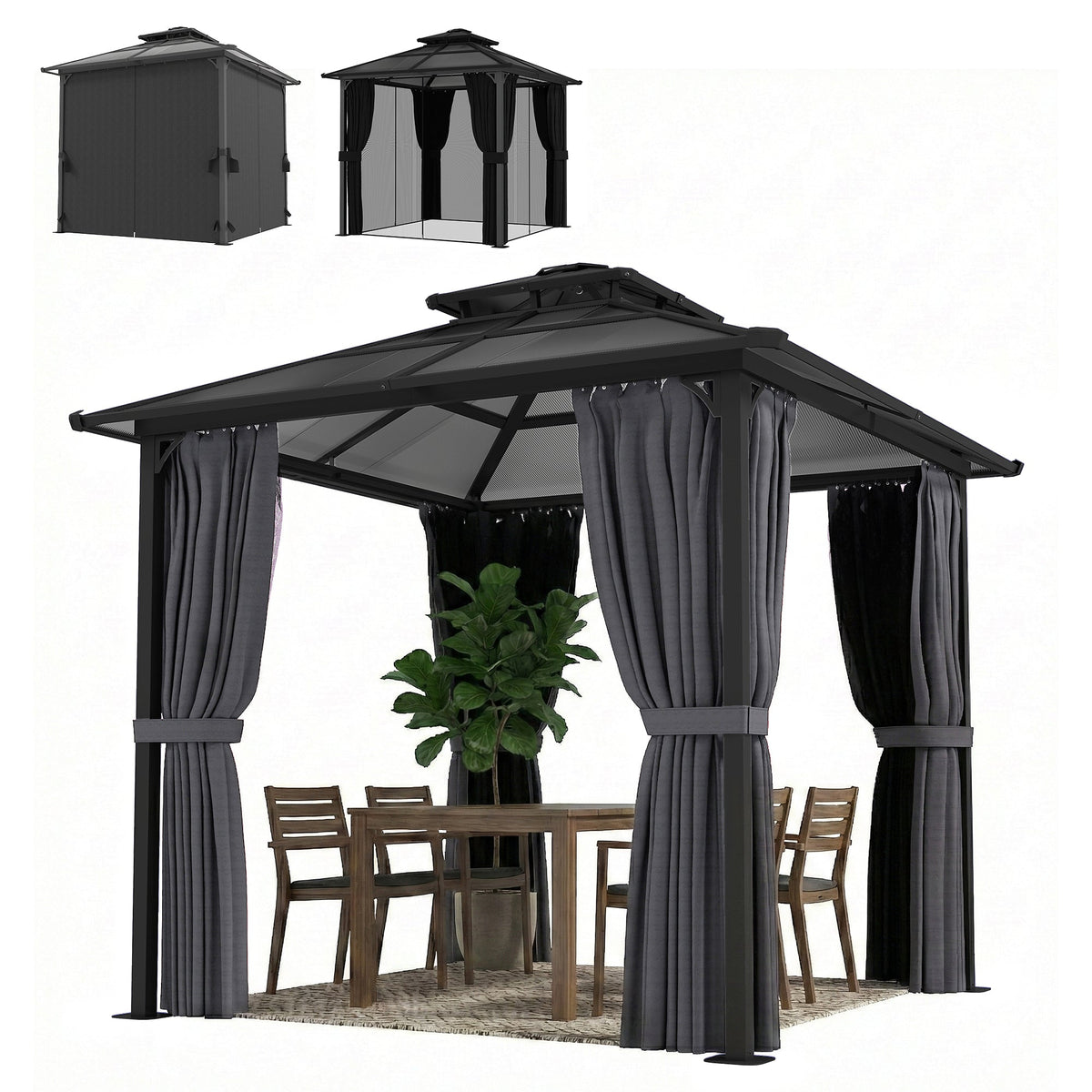 2.5 x 2.5 m Hardtop Gazebo with Double Roof, Netting & Curtains, Dark Grey — product view 2
