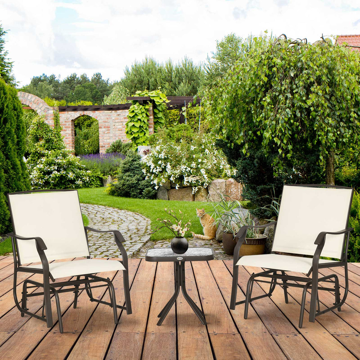 3 Piece Outdoor Glider Chair with Coffee Table Bistro Set, Cream White — product view 4